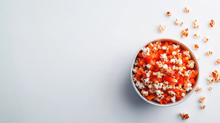 A bowl of roasted tomato-flavored popcorn placed on a white surface with plenty of room for branding or text beside itの素材