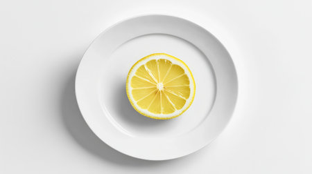 A bright lemon slice on a clean white plate, symbolizing freshness and happiness, with space around it for text or product detailsの素材
