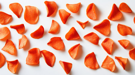 A clean background with a pile of tomato-flavored chips arranged in a casual pattern, leaving room for product textの素材