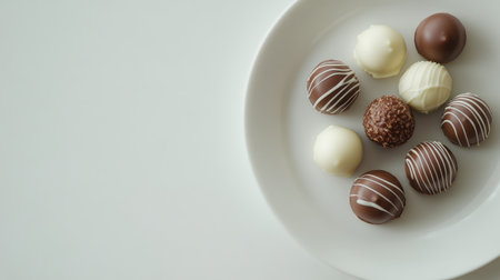 A close-up of chocolate truffles arranged on a clean white plate with plenty of space for promotional material or product textの素材