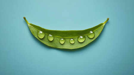 A close-up of dewdrops on a green leaf arranged in a subtle smile shape, symbolizing freshness and joy, with clean space for text or brandingの素材