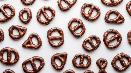 A clean shot of chocolate-covered pretzel pieces scattered on a white surface, leaving ample space for product details or copyの素材