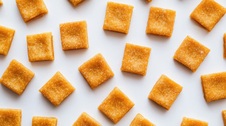A clean, minimalistic shot of caramel-flavored crisps arranged in a casual pattern on a white surface with ample space for brandingの素材