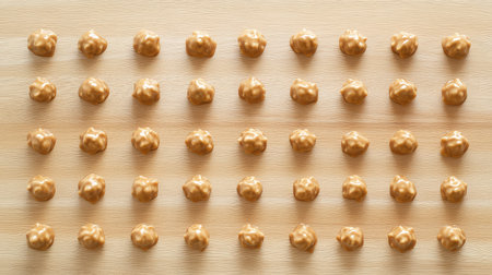 A close-up of caramel popcorn arranged on a clean wooden surface with plenty of room to the left for promotional textの素材