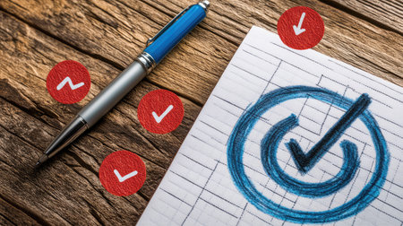 A close-up of a goal-setting journal on a clean wooden table, with a pen and success-related symbols like checkmarks and arrows, with ample space for textの素材