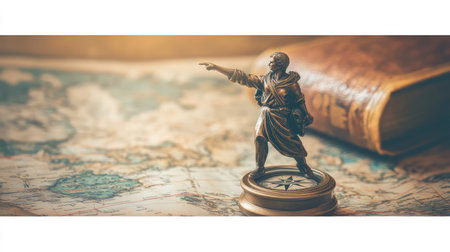 A close-up of a compass pointing towards success on a map, symbolizing direction and achievement, with open space beside it for branding or promotional contentの素材