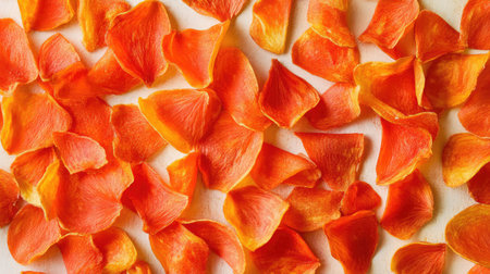 A close-up of tomato-flavored corn chips arranged in a neat pattern on a light-colored surface with room for textの素材
