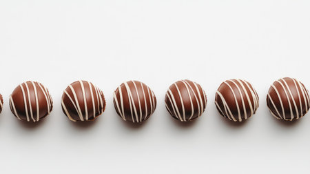 A clean shot of caramel truffles arranged in a row with ample empty space around them for marketing or product detailsの素材