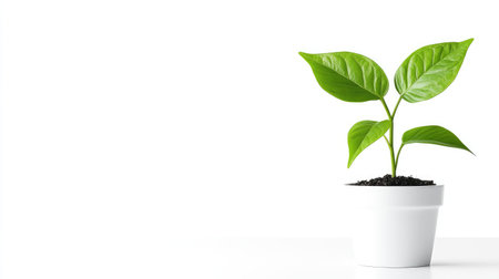 A close-up of a plant in a pot on a clean desk, symbolizing growth and success, with room for branding or promotional content beside itの素材