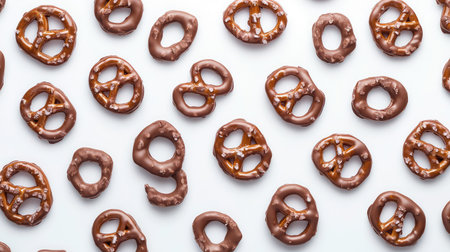 A clean shot of chocolate-covered pretzel pieces scattered on a white surface, leaving ample space for product details or copyの素材
