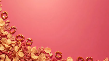 A close-up shot of tomato-flavored snack mix with pretzels and chips, arranged neatly with room for text beside itの素材