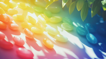 A close-up shot of vibrant rainbow-colored jelly beans spread across a clean surface, symbolizing fun and joy, with ample space for promotional textの素材
