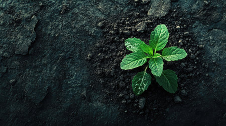 A fresh plant growing in rich soil, symbolizing the start of success and growth, with open space beside it for branding or promotional materialの素材