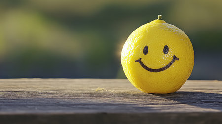 A round, cheerful lemon sitting on a wooden surface, with sunlight shining in a smile-like shape across it, surrounded by empty space for product textの素材