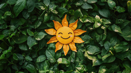 A smiling sun-shaped flower petal arrangement in the middle of a green garden, with ample space surrounding it for marketing or product detailsの素材