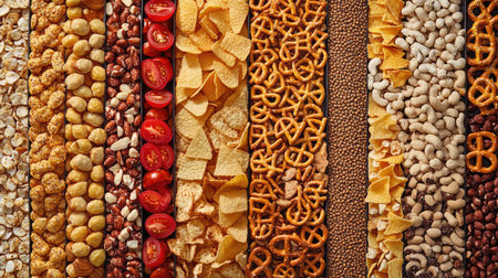 A tray of tomato-flavored snack mix with chips, pretzels, and nuts, arranged neatly with room for branding on the leftの素材