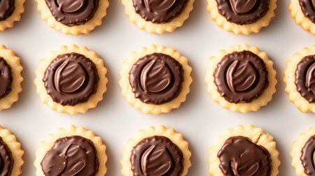 A tray of chocolate-filled biscuits arranged neatly on a clean white surface with plenty of space around them for marketing or copyの素材