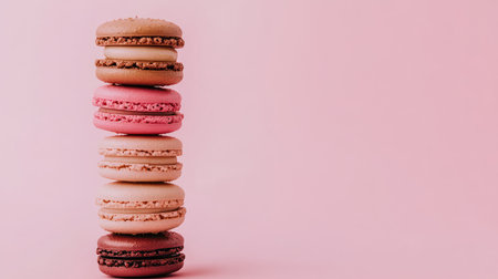 A pile of colorful macarons arranged in a neat stack, evoking sweetness and joy, with open space beside it for branding or marketing copyの素材