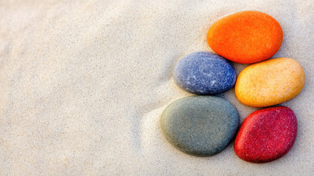 A series of rounded, colorful pebbles arranged in a subtle smile pattern on a sandy beach, with ample space for text or brandingの素材