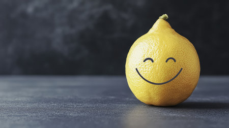 A smiling, bright yellow lemon placed on a clean surface, representing cheer and zest, with open space to the side for promotional content or textの素材