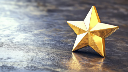 A shiny gold star placed on a polished surface, representing excellence and success, with plenty of space for promotional text or product detailsの素材