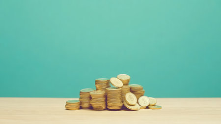 A pile of coins stacked high on a wooden desk, symbolizing financial success, with ample space for text or branding on the sideの素材