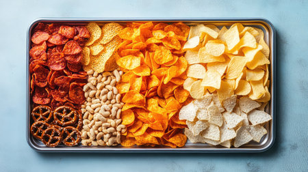 A tray of tomato-flavored snack mix with chips, pretzels, and nuts, arranged neatly with room for branding on the leftの素材