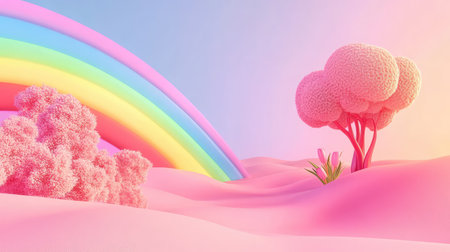 A vibrant rainbow over a calm landscape, evoking hope and happiness, with open space beside it for marketing or product textの素材