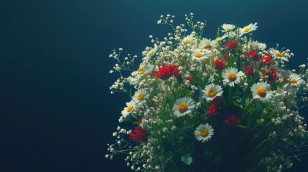 A vibrant bouquet of daisies and wildflowers, symbolizing innocence and happiness, with space beside it for product details or brandingの素材