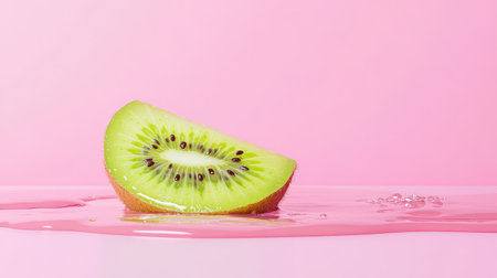 A vibrant slice of fresh kiwi on a clean surface, symbolizing joy and freshness, with room for text or product details beside itの素材