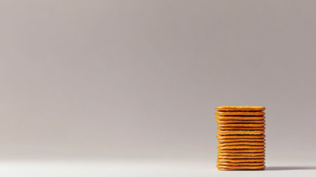 Caramel-flavored crackers stacked neatly in a row, with empty space beside them for copy or branding on a white surfaceの素材