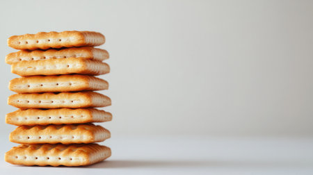 Caramel-flavored crackers stacked neatly in a row, with empty space beside them for copy or branding on a white surfaceの素材