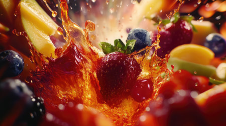 Colorful fruit pieces and juice splashes on a bold background with clear space at the topの素材