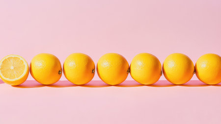 Clean eating concept with fruit lined up in a minimalist pattern leaving open backgroundの素材