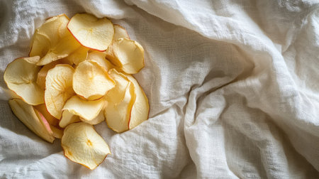 Crispy dried apple chips on linen napkin with soft shadows and room for layoutの素材
