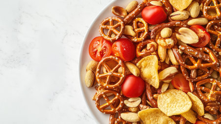 Close-up of tomato snack mix with pretzels, chips, and nuts on a white plate with plenty of open space on the right for copyの素材