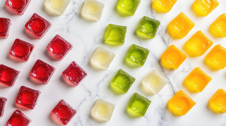 Close-up of colorful fruit slices arranged on marble with open white space above for design layoutの素材