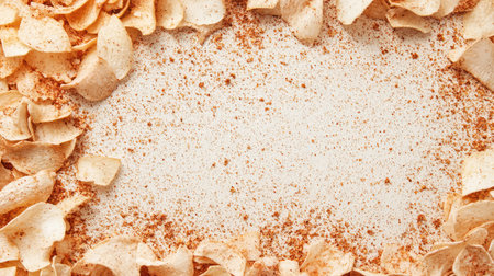 Crispy onion chips sprinkled with spice placed in corner of frame with roomの素材