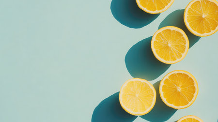 Composition of mixed citrus slices on a light blue background with clear negative space on the right sideの素材