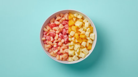 Flat lay of a vibrant fruit salad on one half of the frame with clean background on the other halfの素材