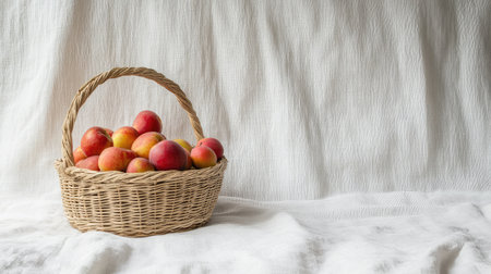 Handcrafted basket of summer fruits placed off-center on a linen backdrop with minimalist copy spaceの素材