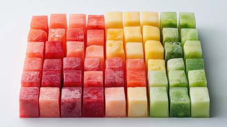 Fresh tropical fruit cubes arranged in gradient order from red to green with clean backgroundの素材