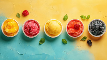 Flat lay of mixed fruit sorbet in small bowls on a pastel surface with copy space to the rightの素材