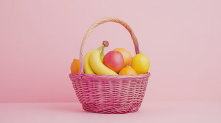 Healthy fruit mix in a handled basket with a pale pastel background and balanced copy spaceの素材