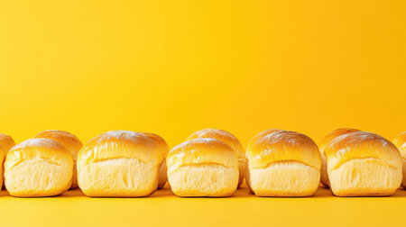 Golden-baked bread rolls stacked in a line, surrounded by empty space for content or logoの素材