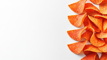 Tomato-flavored tortilla chips stacked in a neat pattern on a clean white background with ample space on the right for copyの素材