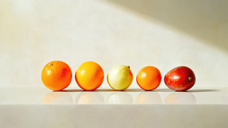 Healthy fruit medley with vibrant colors on a light grey background, copy space on the top halfの素材