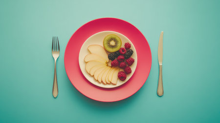 Healthy breakfast setting with sliced apple, kiwi, and berries in a minimalist layout with copy spaceの素材