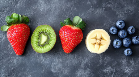 Kiwi, strawberries, blueberries and banana slices laid out evenly with space for copy or logoの素材
