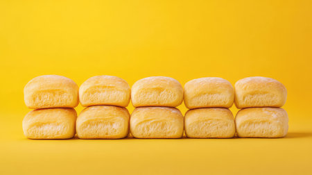 Golden-baked bread rolls stacked in a line, surrounded by empty space for content or logoの素材